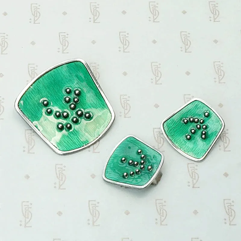 Green Enamel Silver Brooch & Earring Set by KAS