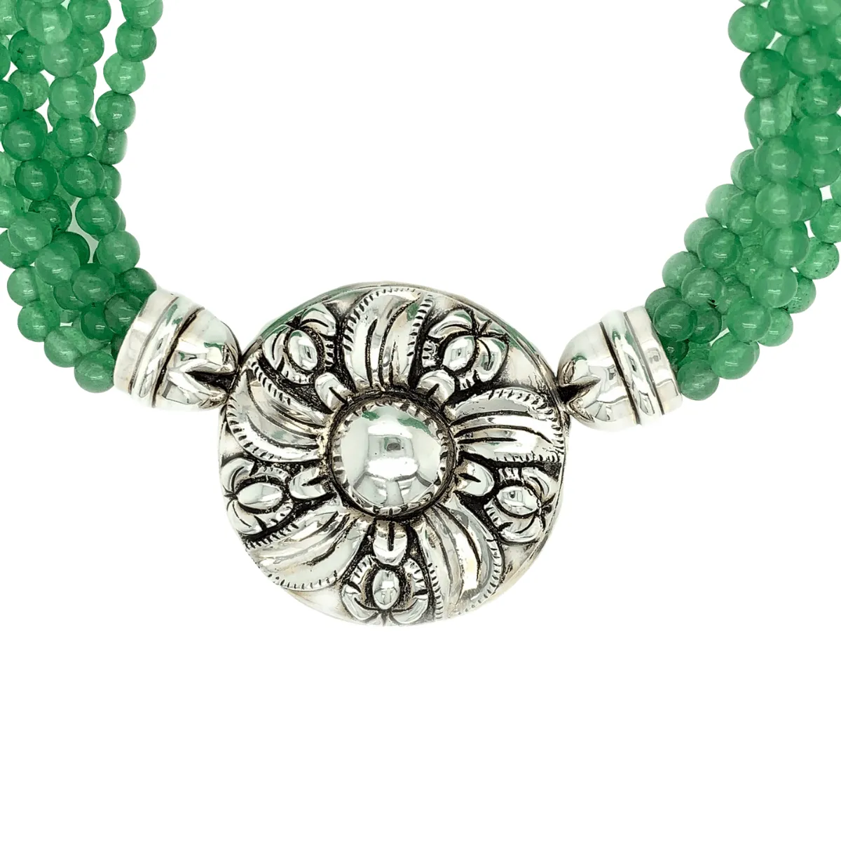 Green Jade Strands & Sterling Silver Colonial Flower Necklace