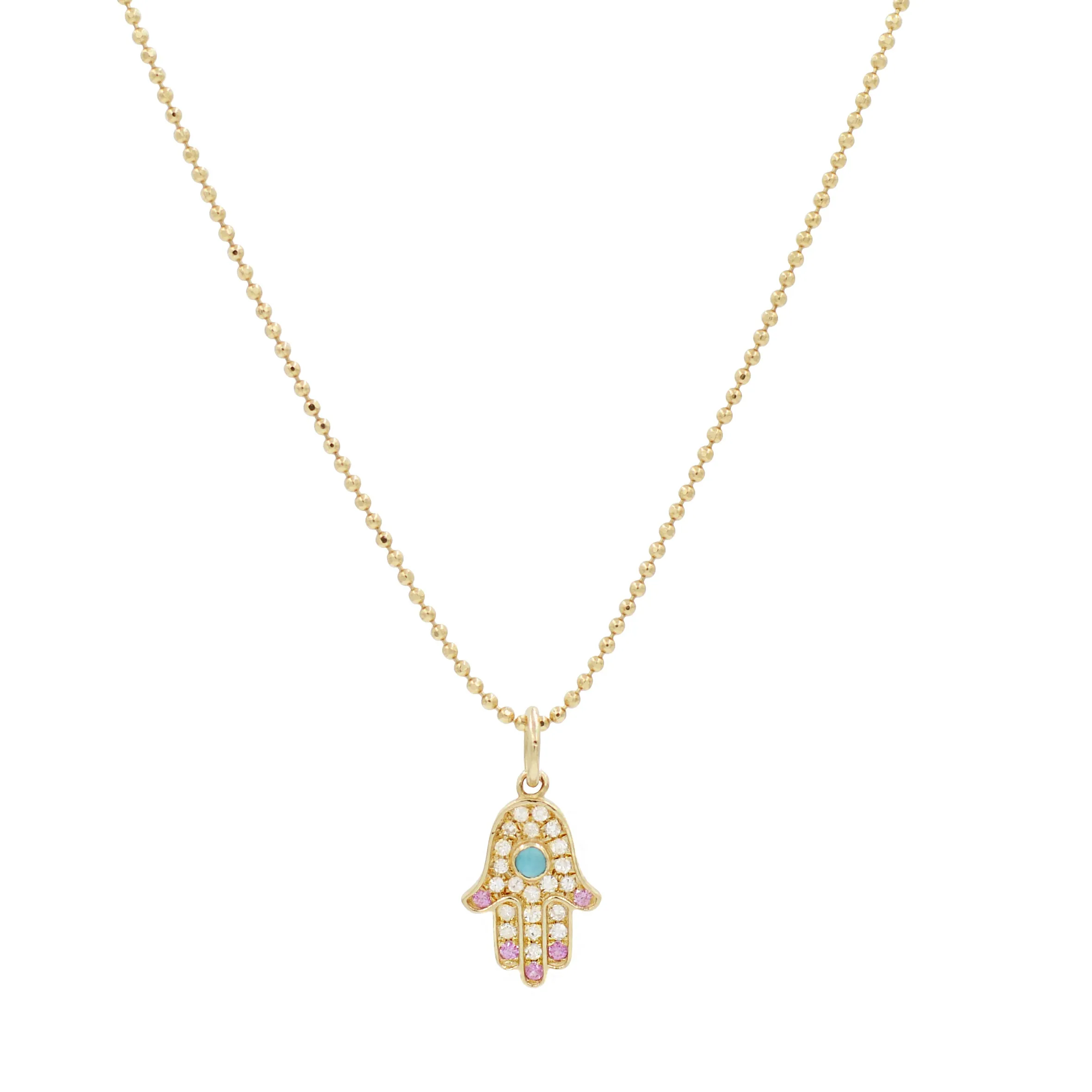 Hamsa Hand Necklace With Pink Sapphire, Turquoise and Diamonds