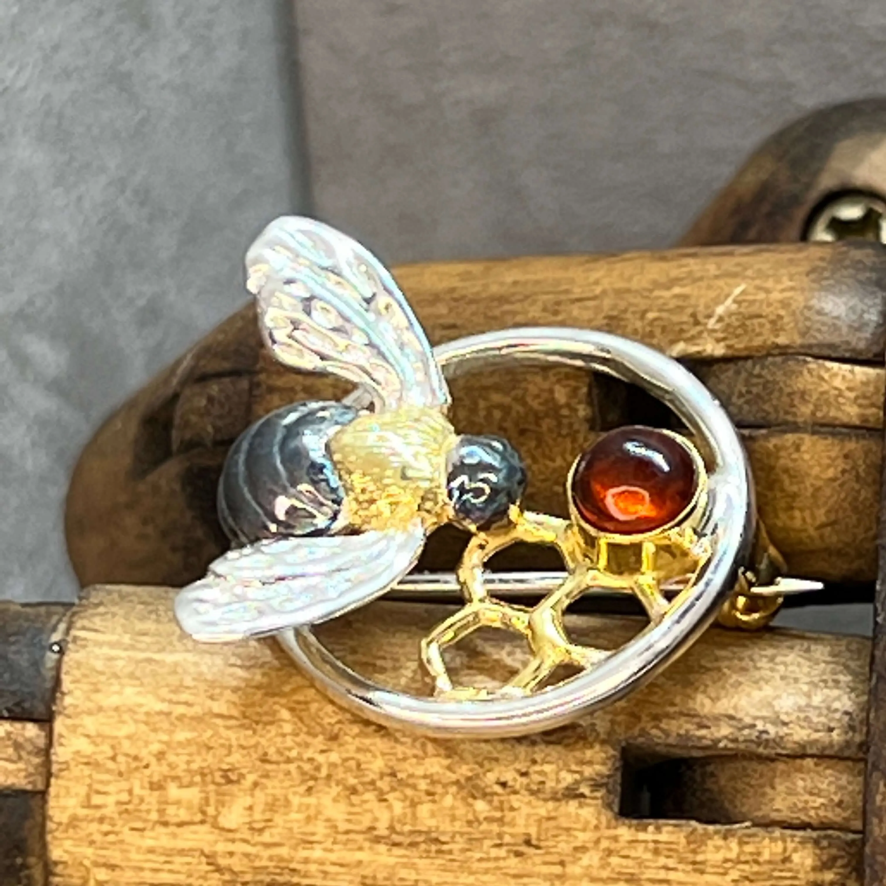 Honeycomb & Honeybee Sterling Silver Amber Brooch By Paula Bolton