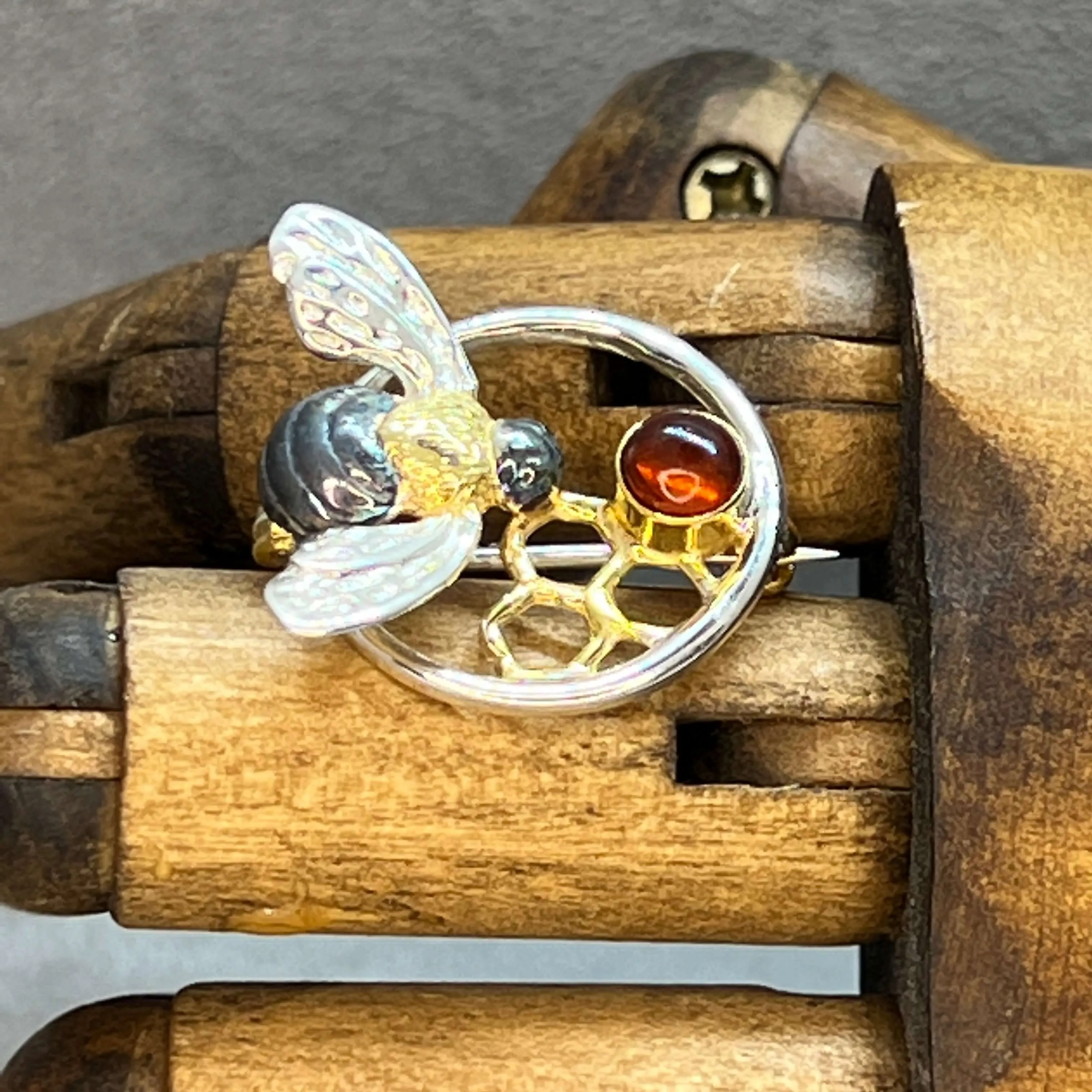 Honeycomb & Honeybee Sterling Silver Amber Brooch By Paula Bolton