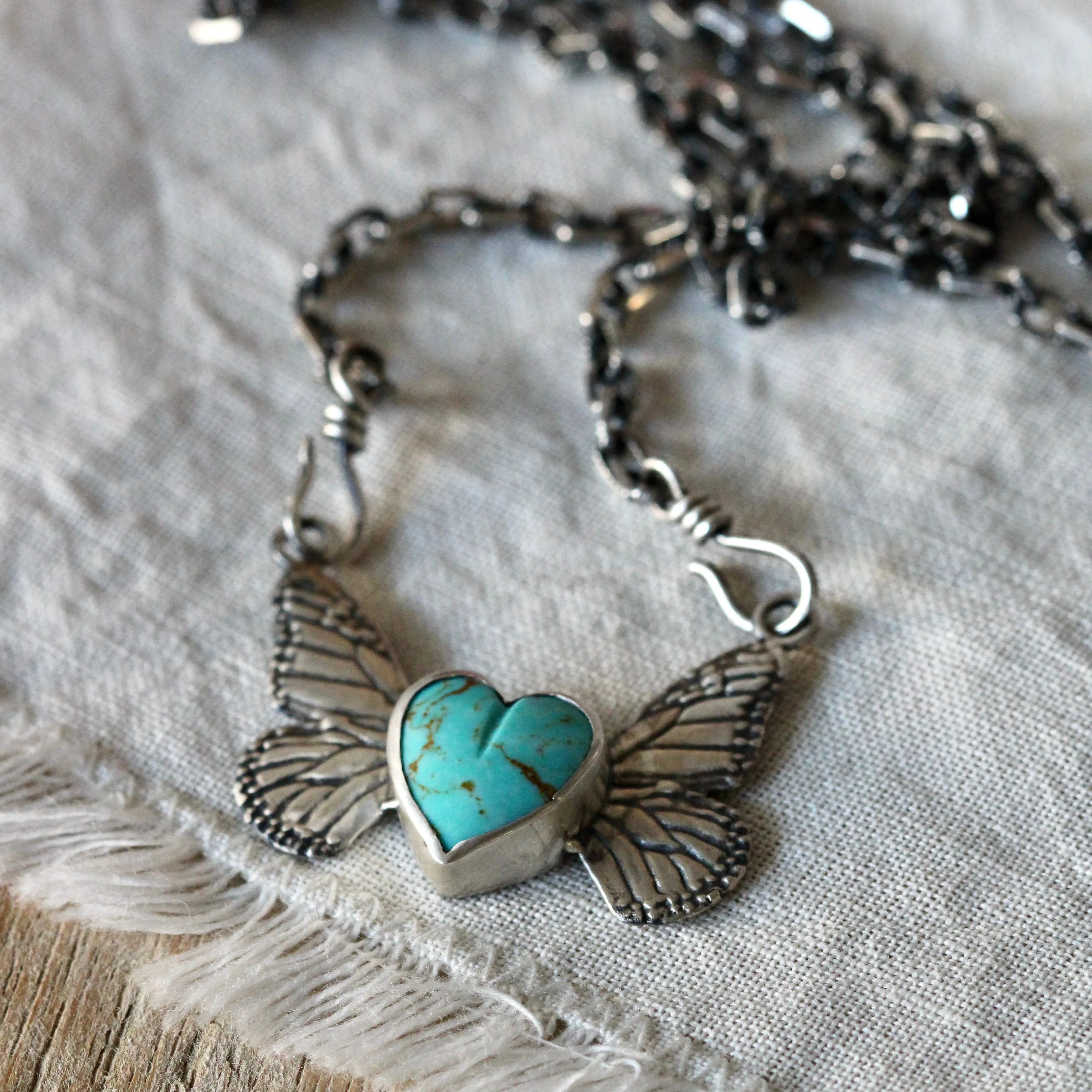 Interchangeable Winged Heart Pendant with Kingman Turquoise set Sterling silver