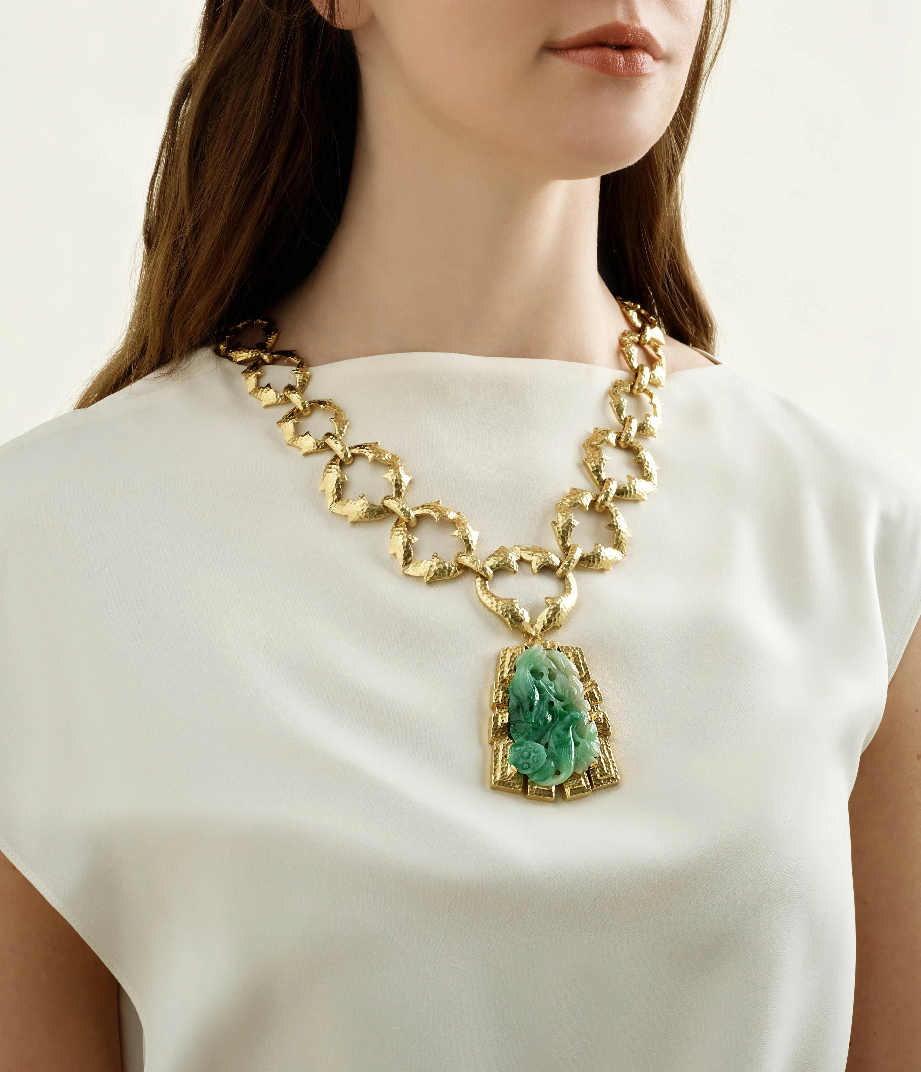 Jade Necklace, Hammered 18K Gold