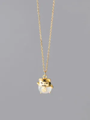 Japanese Cat Necklace Jade Natural Stone 18k Gold Plated, .925 Sterling Silver Lucky Maneki-Neko Cat Necklace