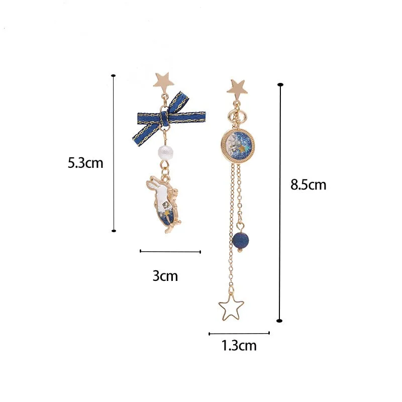 Japanese Style Cute Blue Rabbit Clip on Earring Asymmetric Alice in Wonderland Bow Moon Star Long Clip Earring Without Piercing