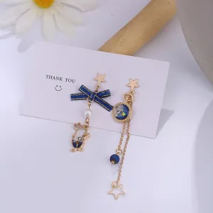 Japanese Style Cute Blue Rabbit Clip on Earring Asymmetric Alice in Wonderland Bow Moon Star Long Clip Earring Without Piercing