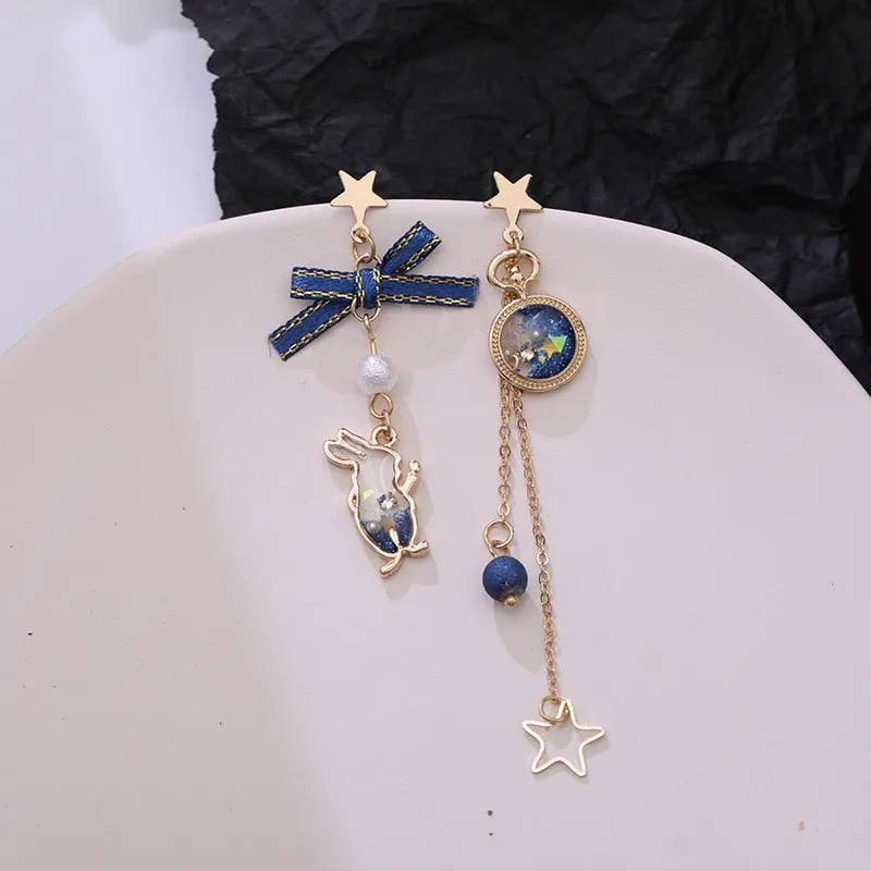 Japanese Style Cute Blue Rabbit Clip on Earring Asymmetric Alice in Wonderland Bow Moon Star Long Clip Earring Without Piercing