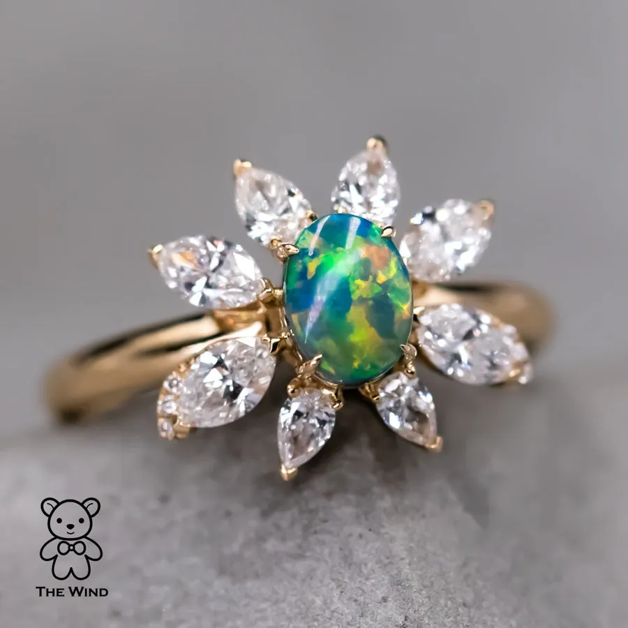 La Angel - B5 Vivid Black Opal Marquise Diamond Engagement Ring 18K Yellow Gold