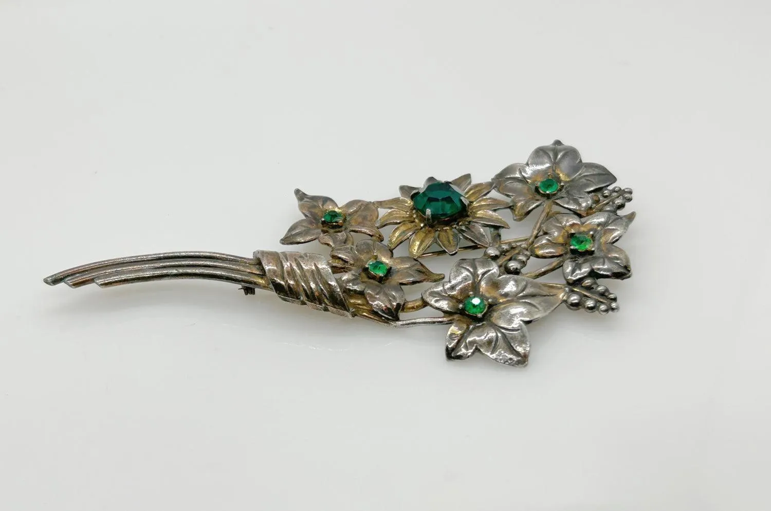 Large and In Charge Vintage Bouquet Brooch with Green Stones