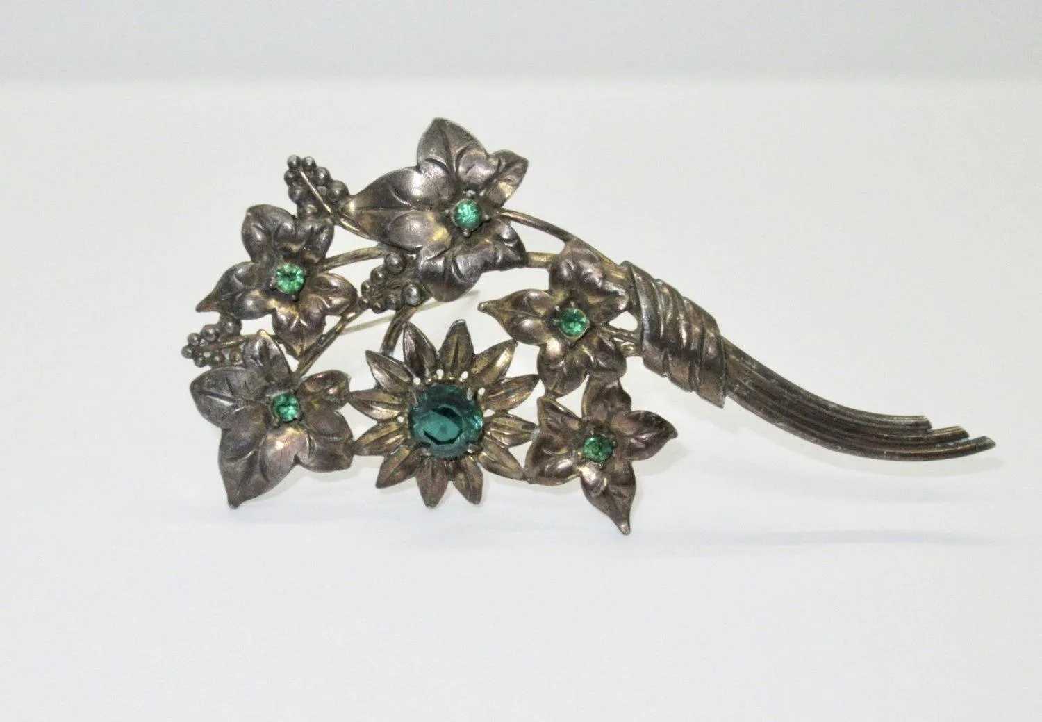 Large and In Charge Vintage Bouquet Brooch with Green Stones