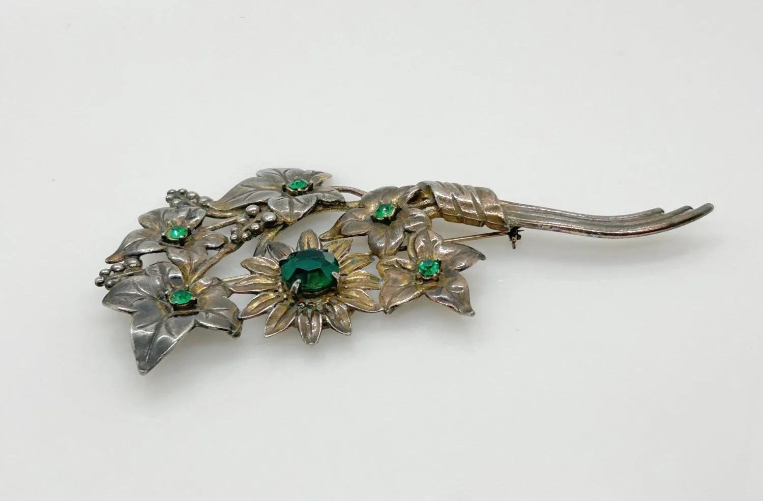 Large and In Charge Vintage Bouquet Brooch with Green Stones