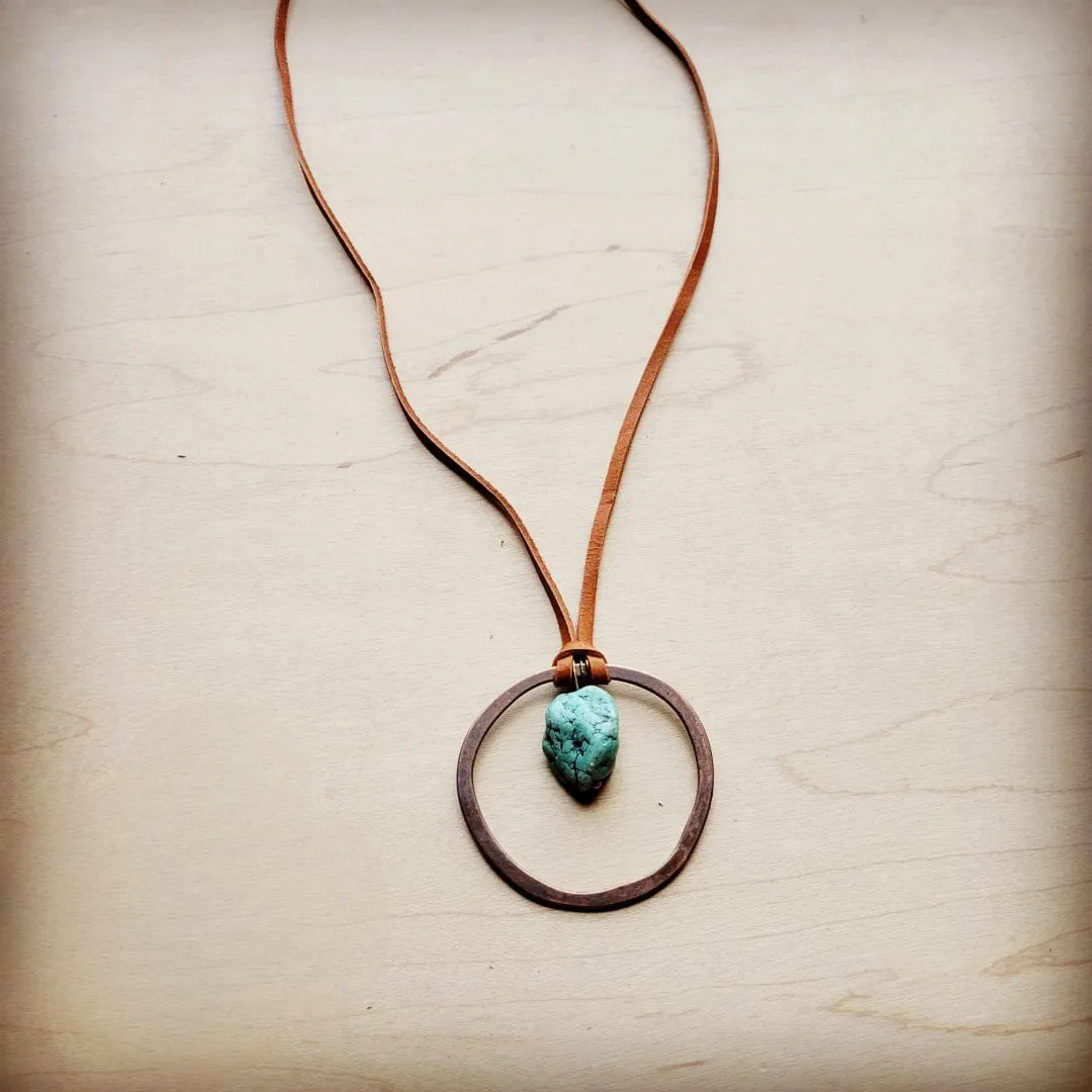 Leather Cord Necklace with Antique Gold Hoop and Turquoise