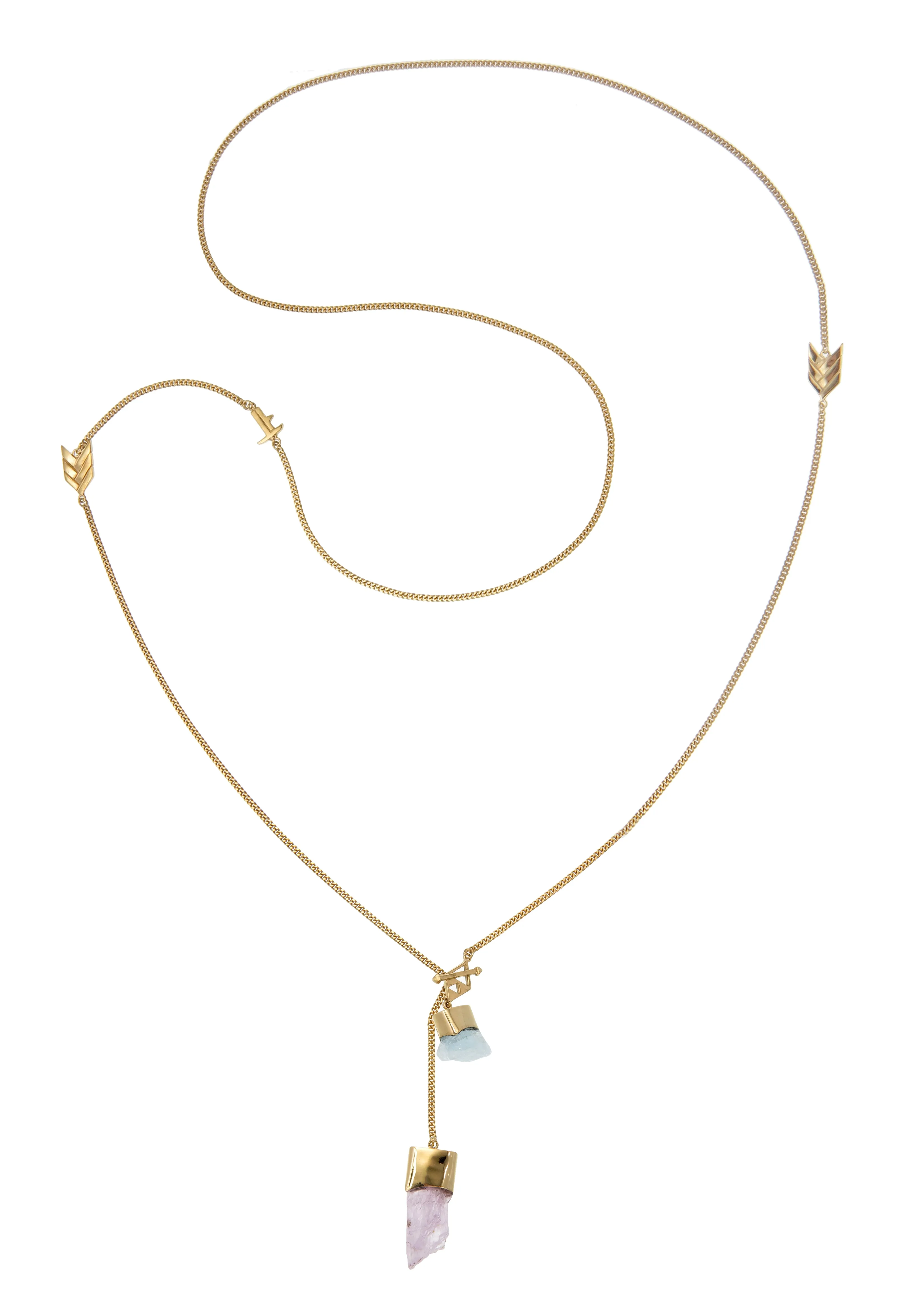 LONG CRYSTAL NECKLACE WITH AQUAMARINE & KUNZITE CRYSTALS - GOLD