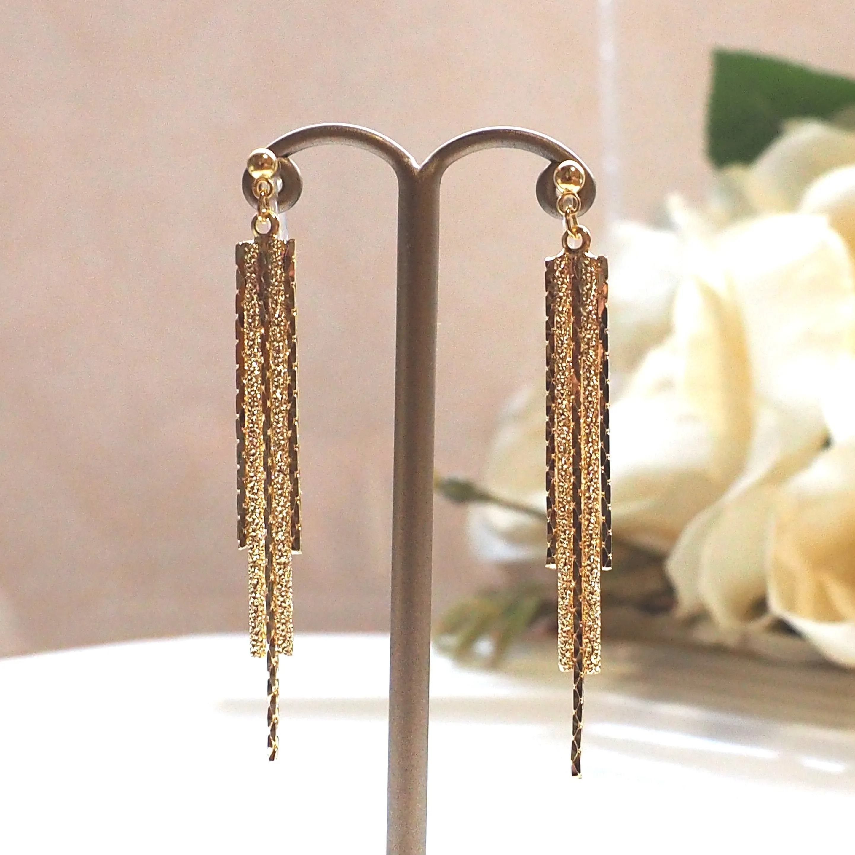 Long gold metallic chain invisible clip on earrings