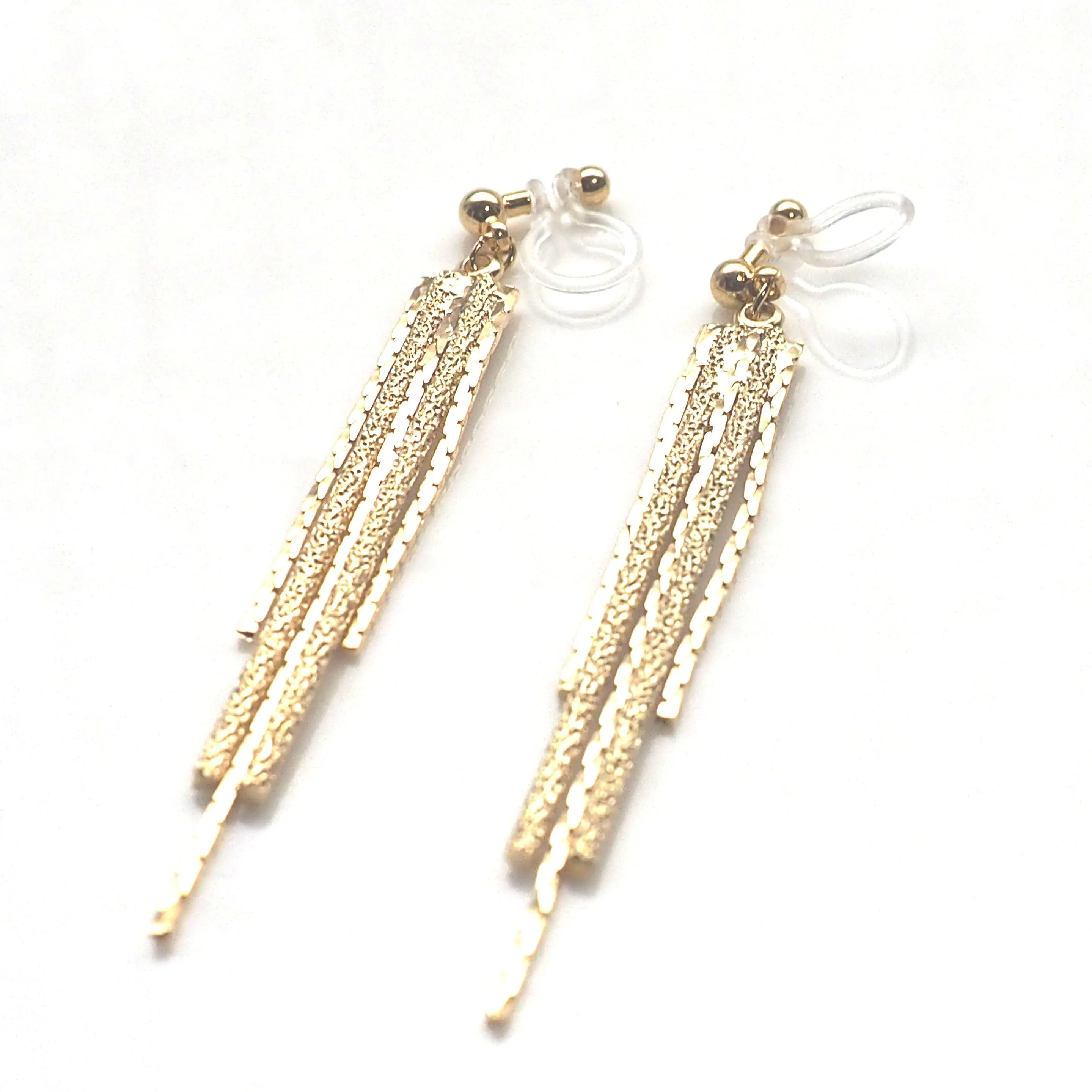 Long gold metallic chain invisible clip on earrings