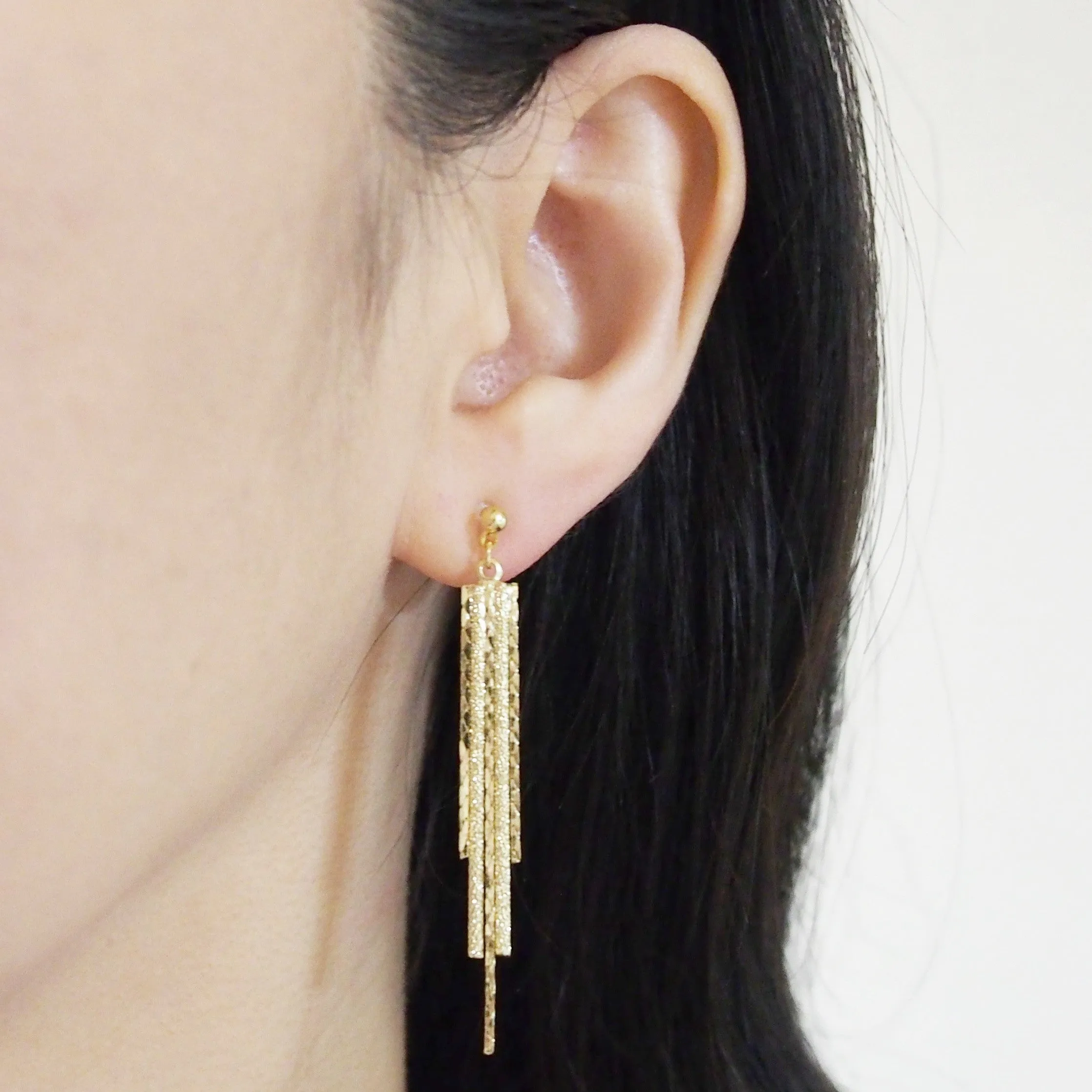 Long gold metallic chain invisible clip on earrings