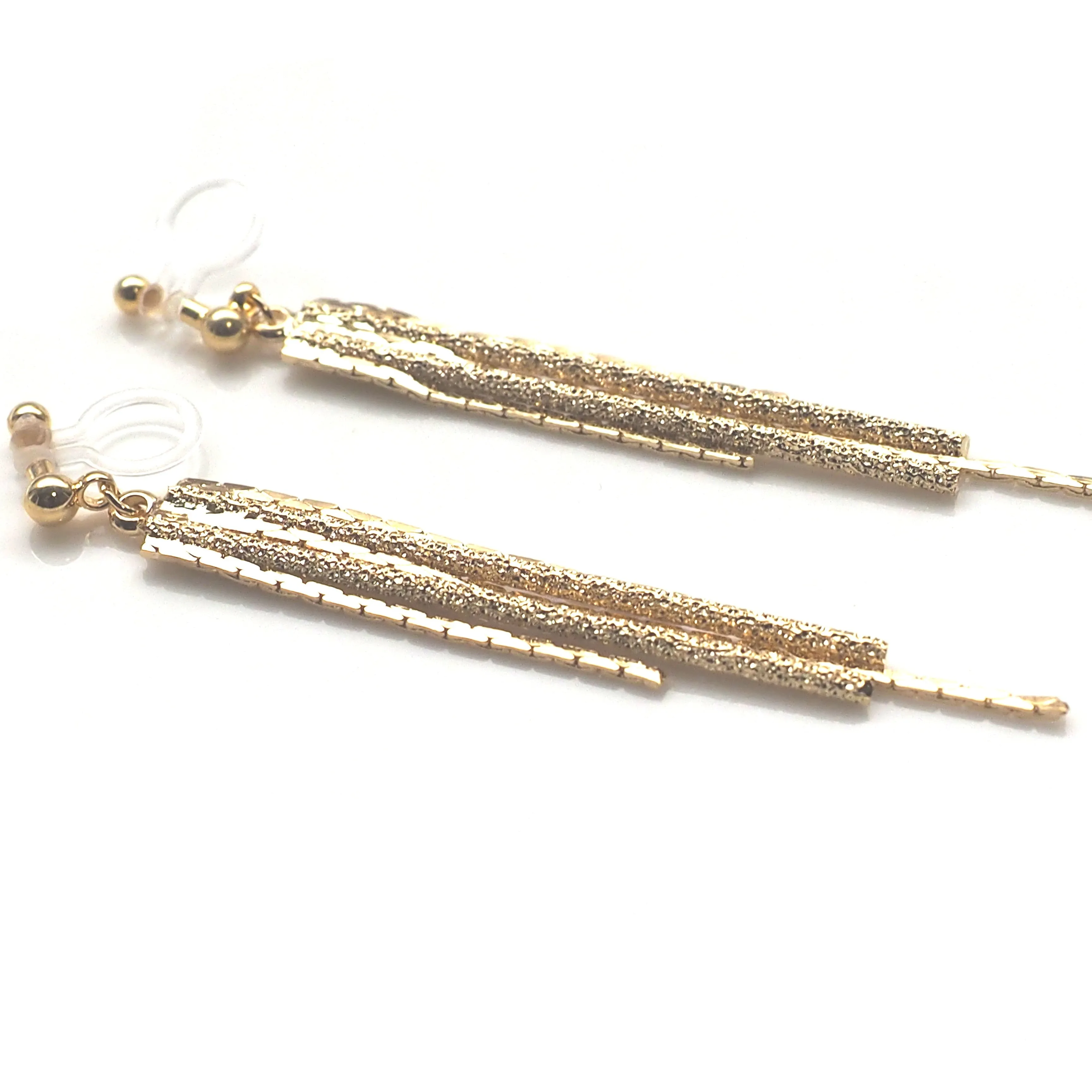 Long gold metallic chain invisible clip on earrings