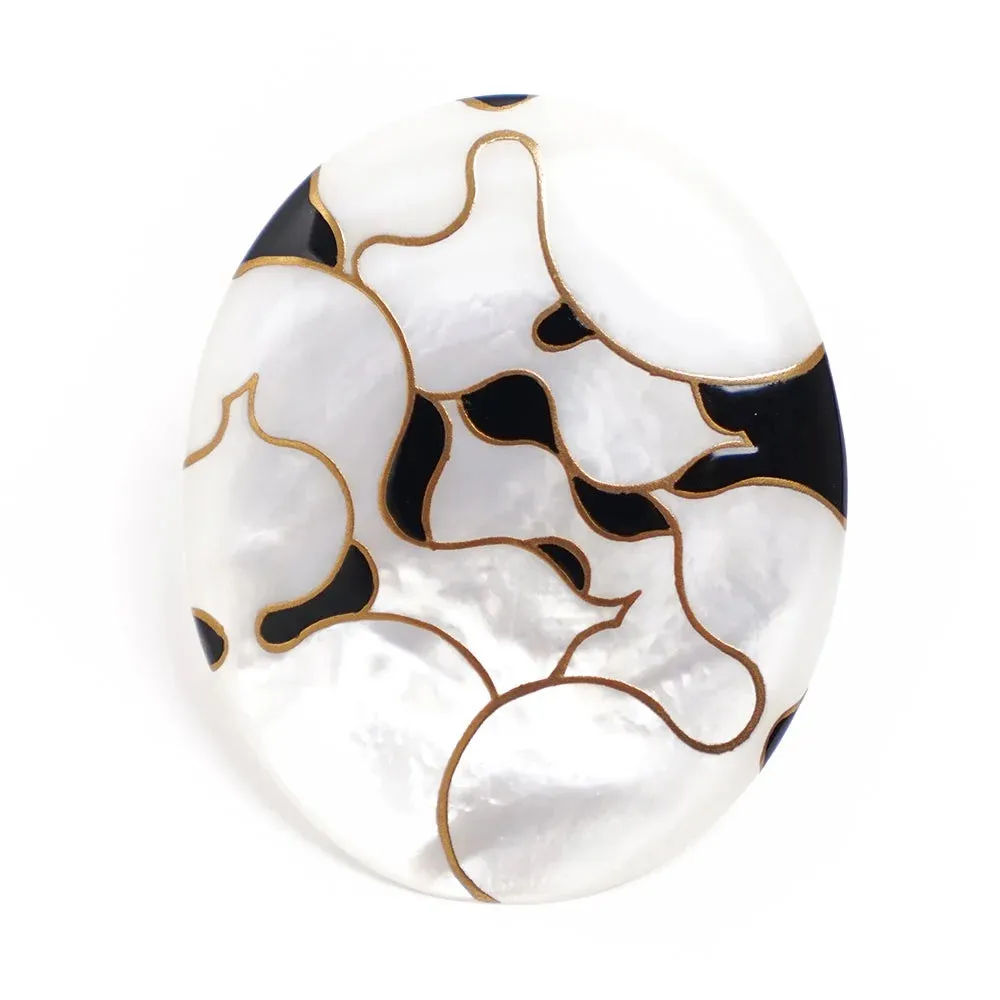 Maki-e Urushi Lacquer Brooch - White South Sea Pearl Shell / Japanese Gourd -, Traditional Japanese Urushi Lacquer Jewelry