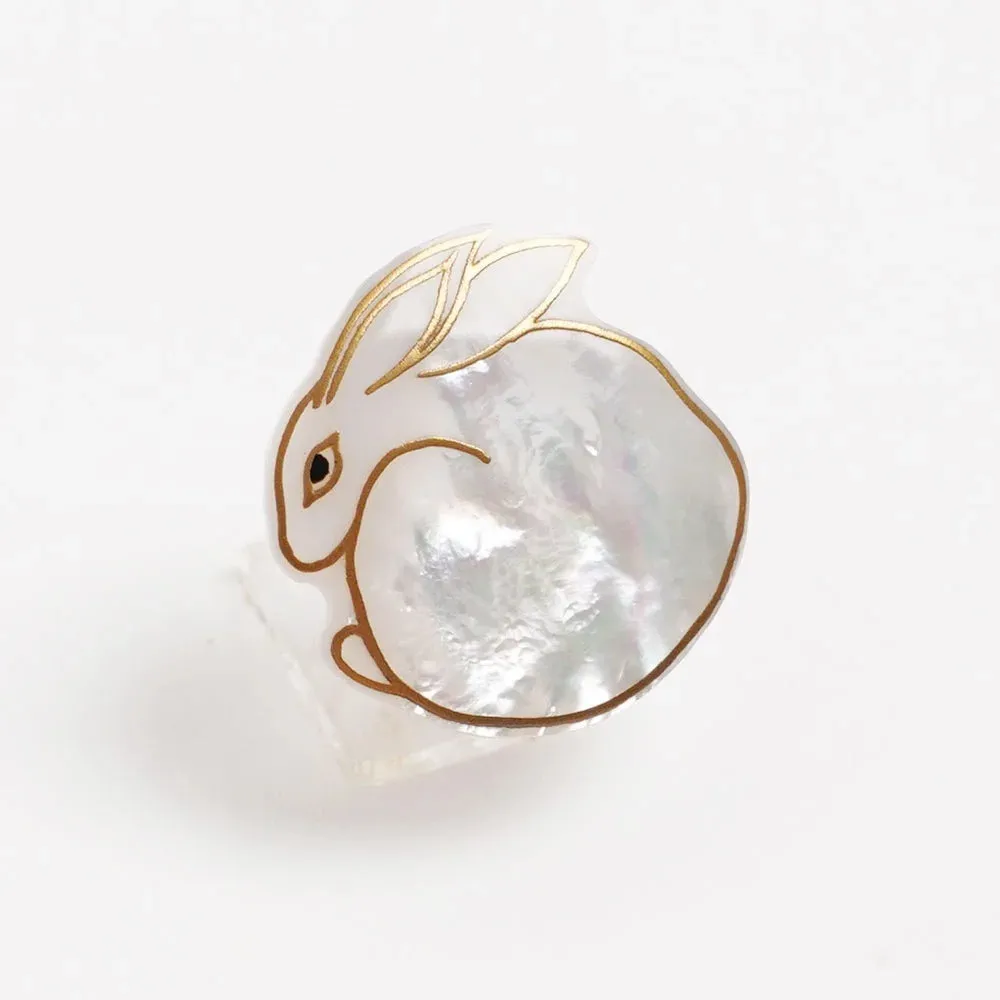 Maki-e Urushi Lacquer Brooch - White South Sea Pearl Shell / Rabbit -, Traditional Japanese Urushi Lacquer Jewelry