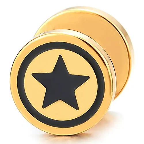 Men Women Gold Circle Star Stud Earring Black Enamel, Steel Cheater Fake Ear Plugs Gauges Illusion