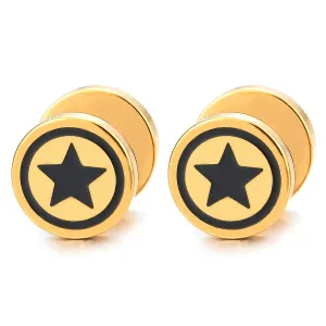 Men Women Gold Circle Star Stud Earring Black Enamel, Steel Cheater Fake Ear Plugs Gauges Illusion