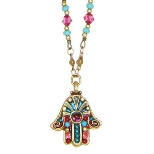 Michal Golan Turquoise and Fuchsia Hamsa Necklace