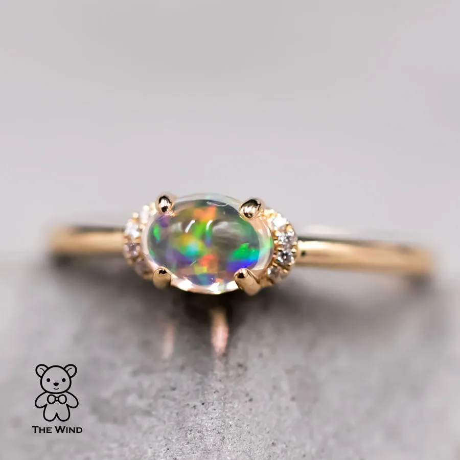 Minimalist Fire Opal & Diamond Engagement Wedding Ring 18k Yellow Gold