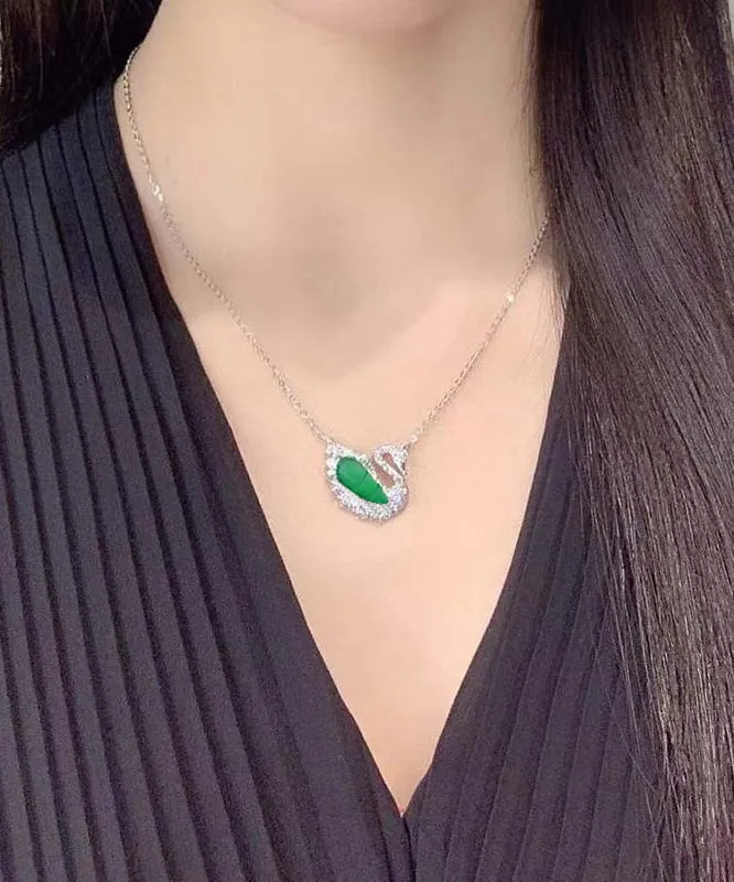 Modern Green Sterling Silver Jade Little Swan Pendant Necklace AC1043