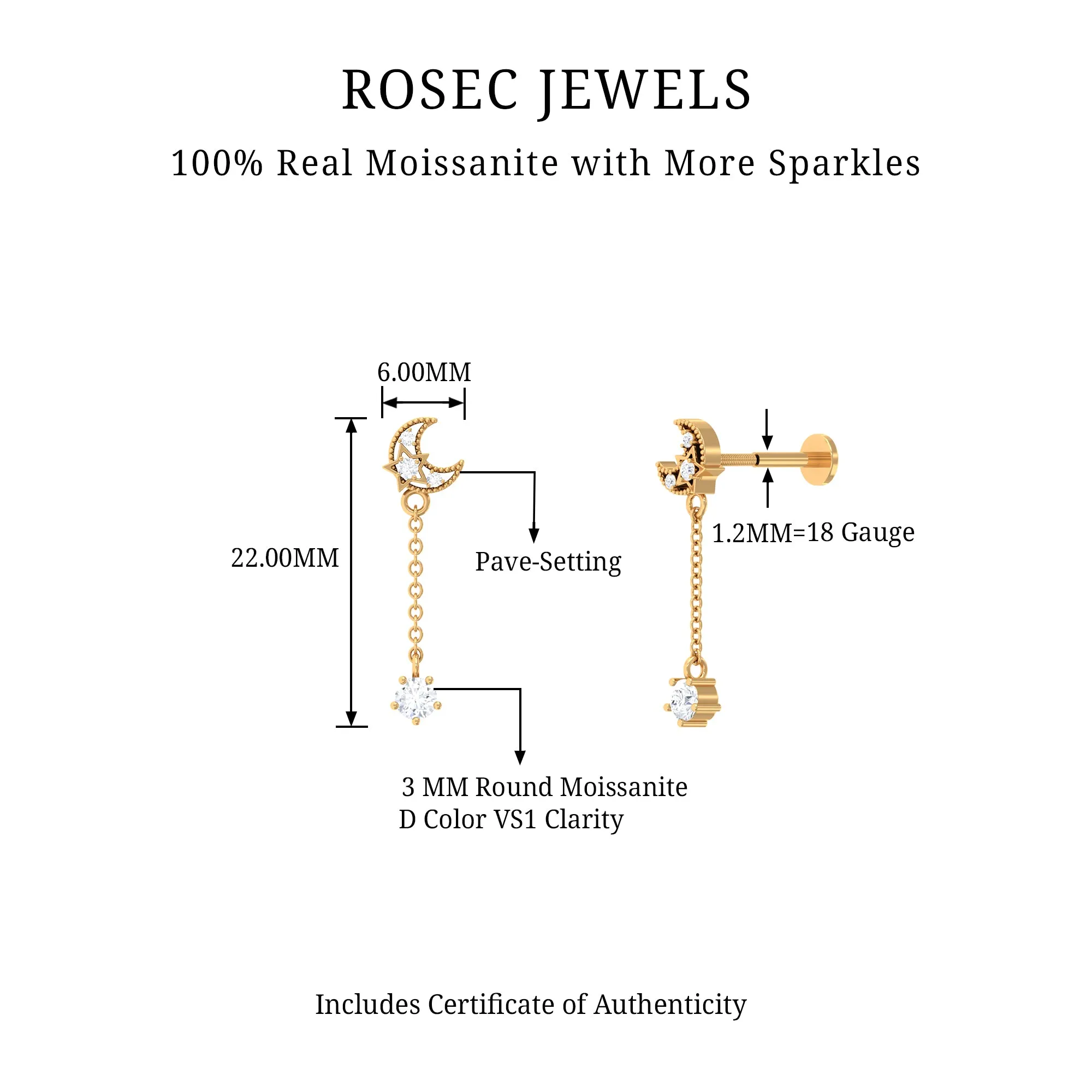 Moissanite Celestial Chain Drop Earring for Helix Piercing