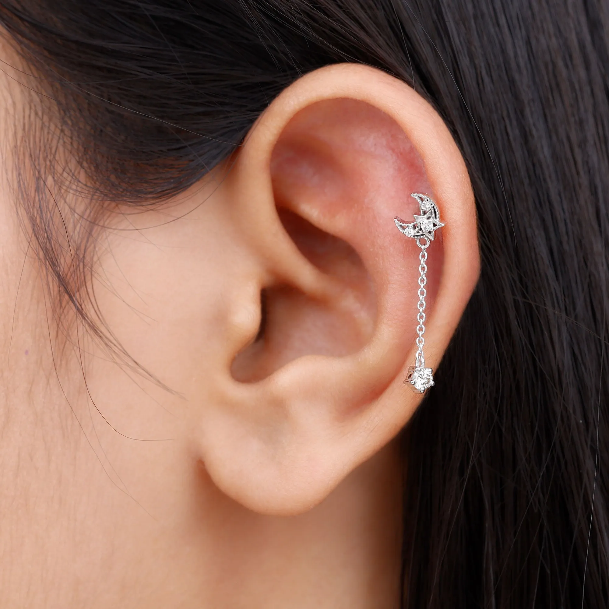 Moissanite Celestial Chain Drop Earring for Helix Piercing