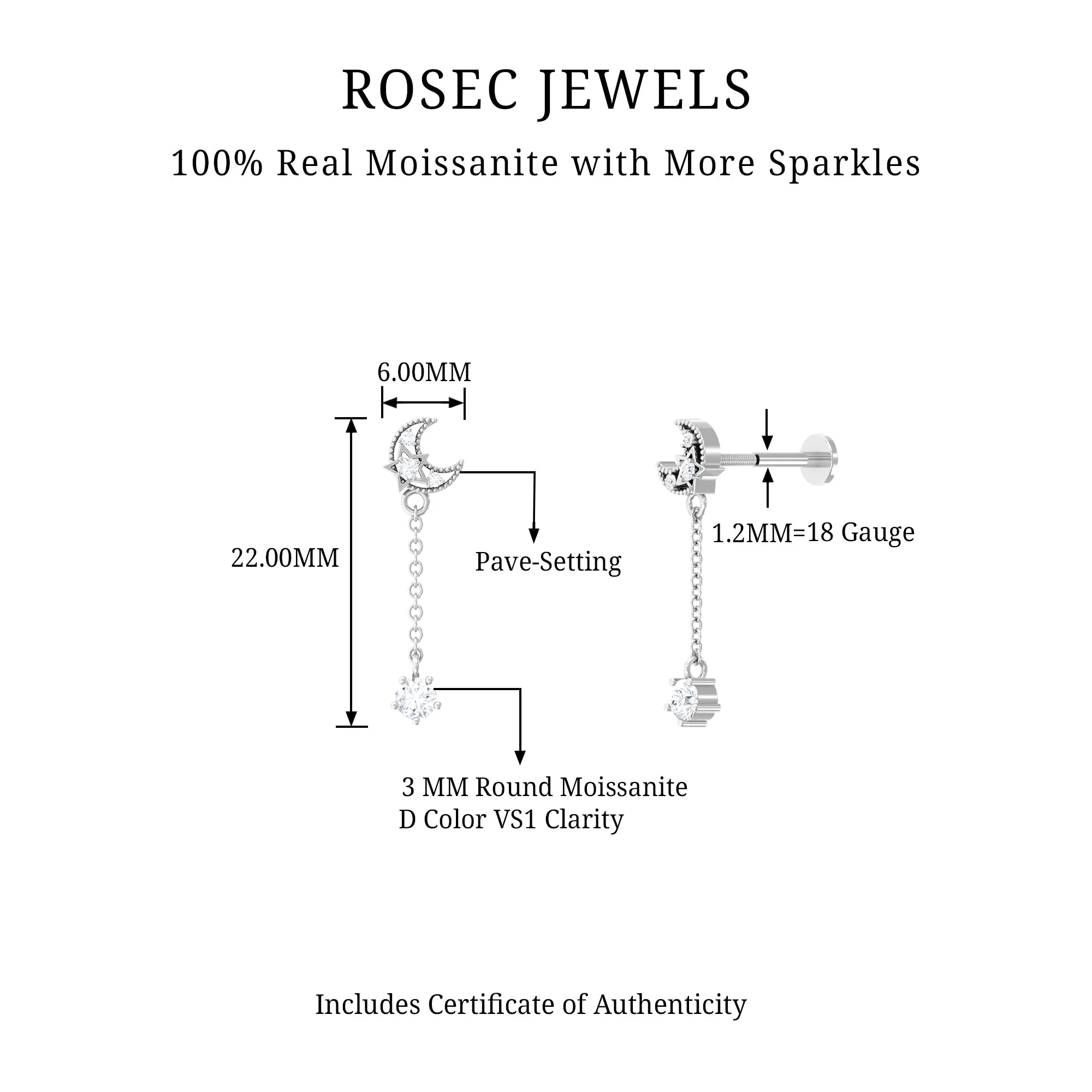 Moissanite Celestial Chain Drop Earring for Helix Piercing