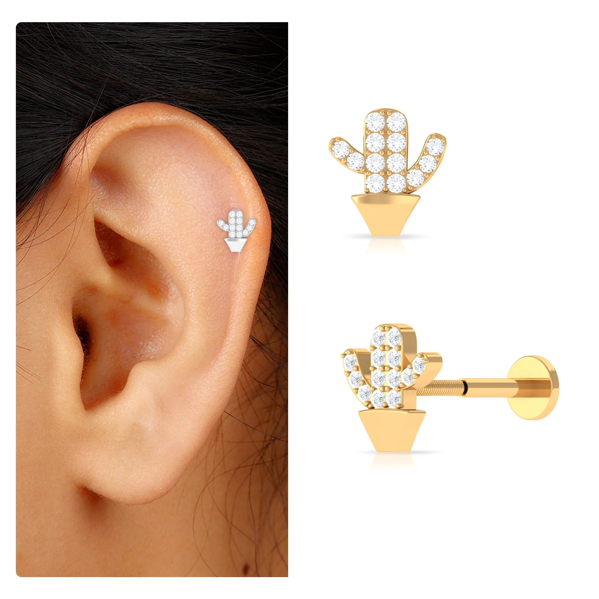 Moissanite Gold Cactus Earring for Cartilage Piercing