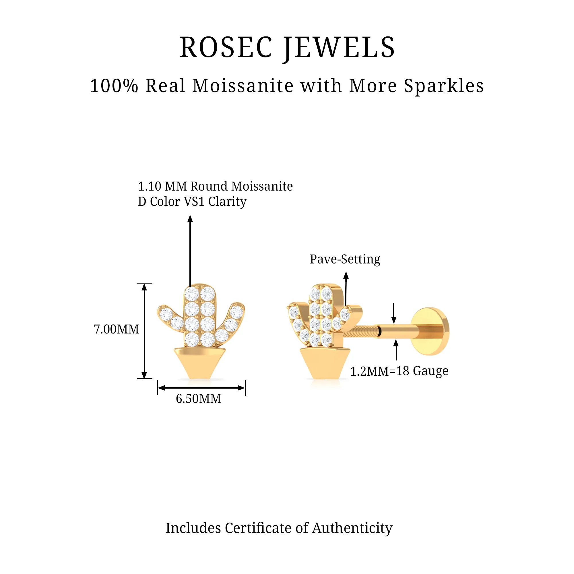 Moissanite Gold Cactus Earring for Cartilage Piercing