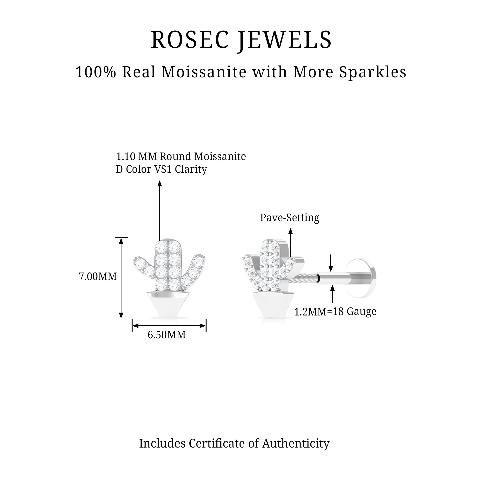 Moissanite Gold Cactus Earring for Cartilage Piercing