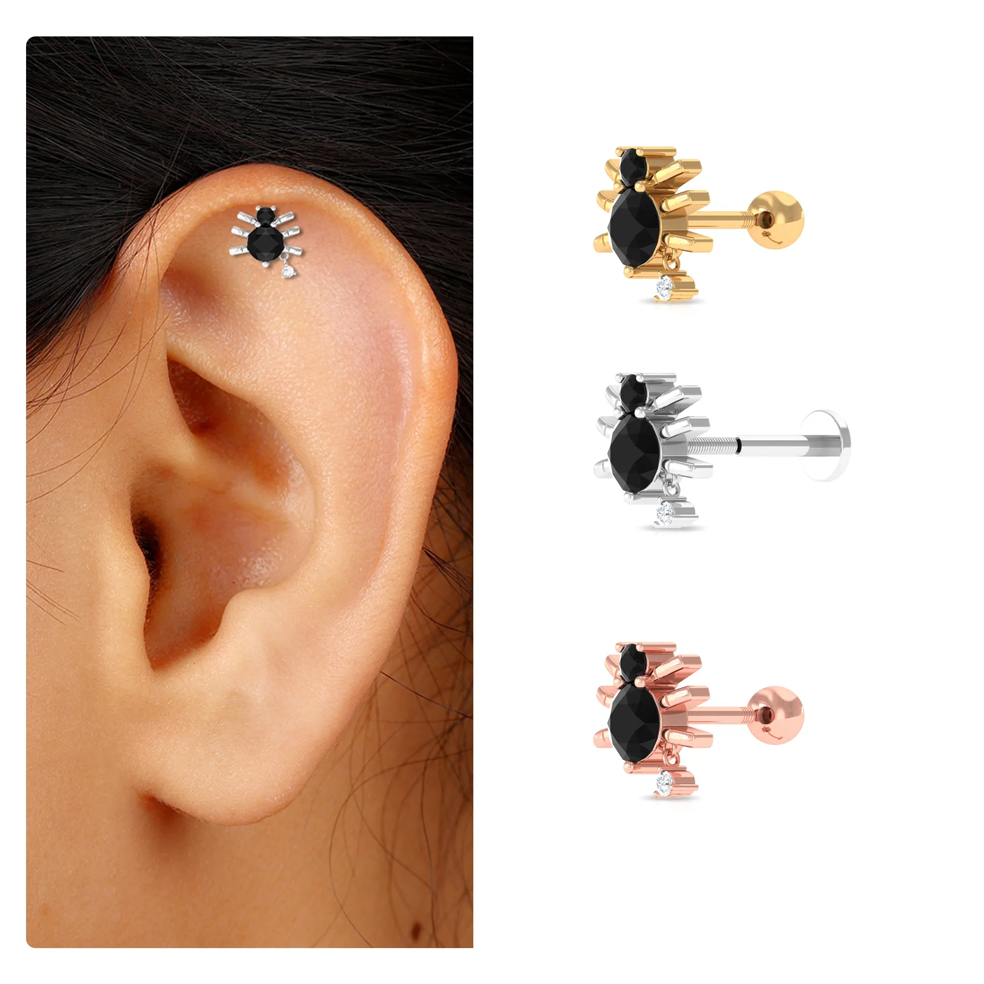 Natural Black Onyx and Moissanite Spider Helix Earring