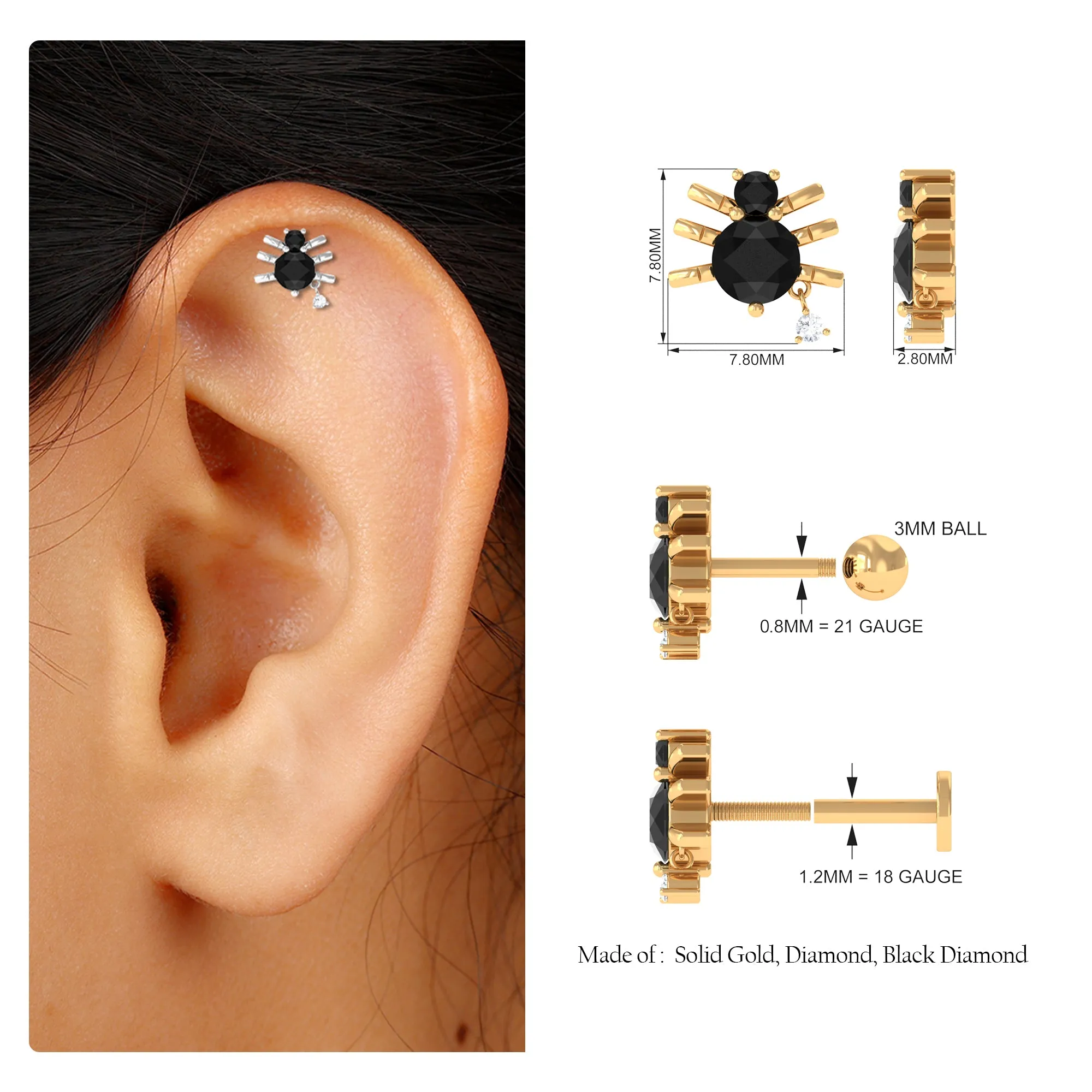 Natural Black Onyx and Moissanite Spider Helix Earring