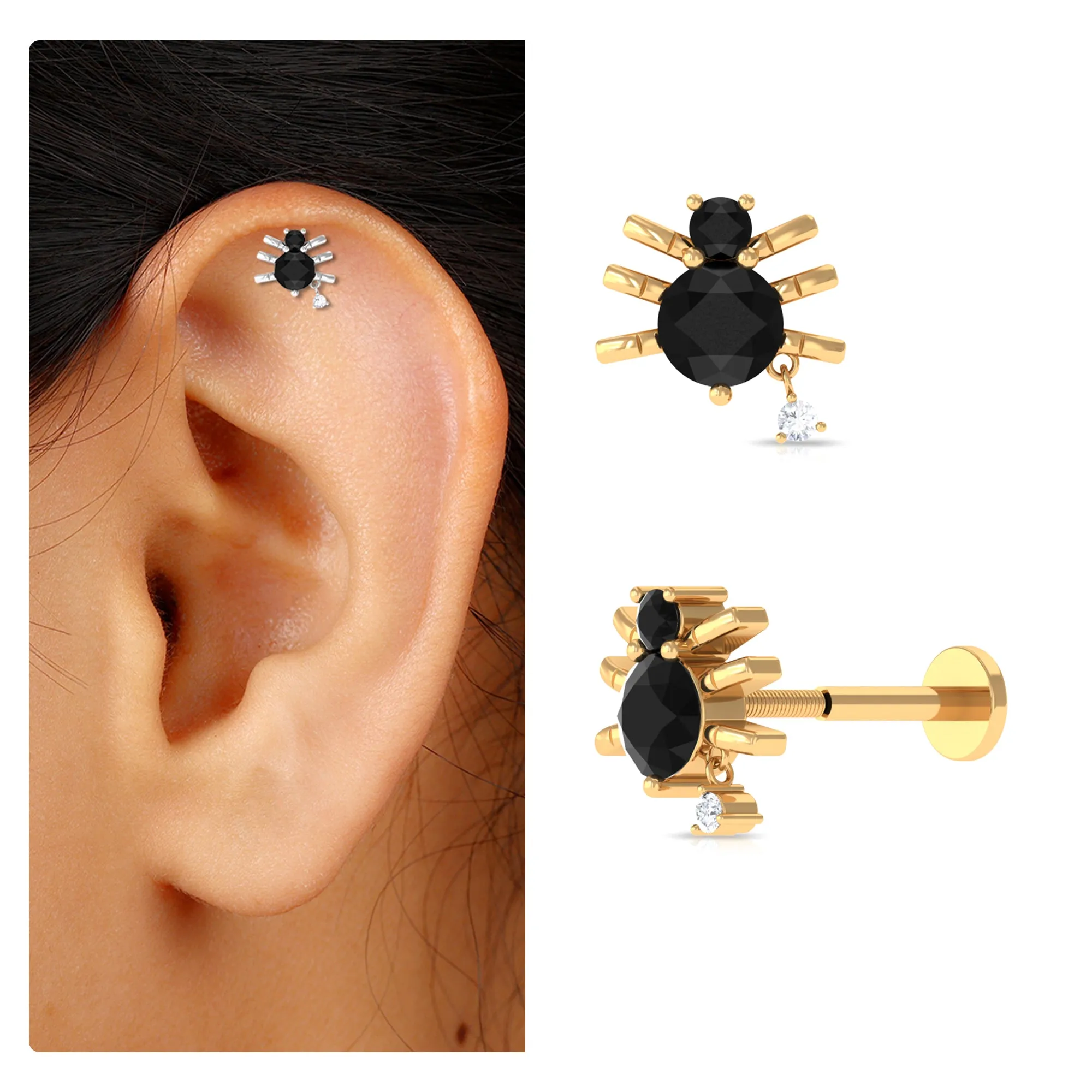 Natural Black Onyx and Moissanite Spider Helix Earring