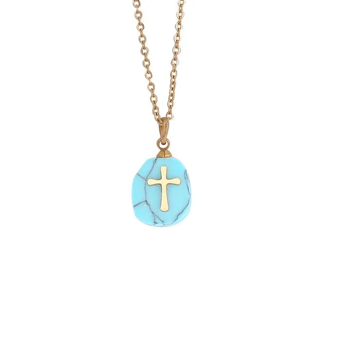 Natural Stone Stainless Steel Cross Pendant Necklace - Turquoise Blue