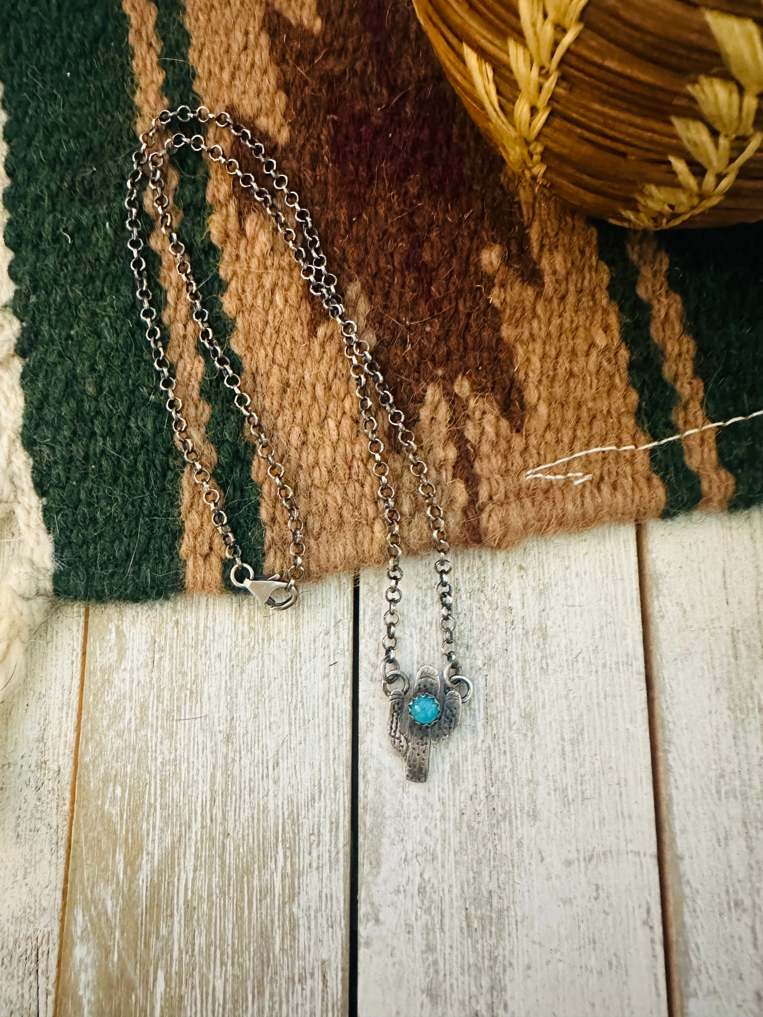 Navajo Sterling Silver & Turquoise Cactus Necklace