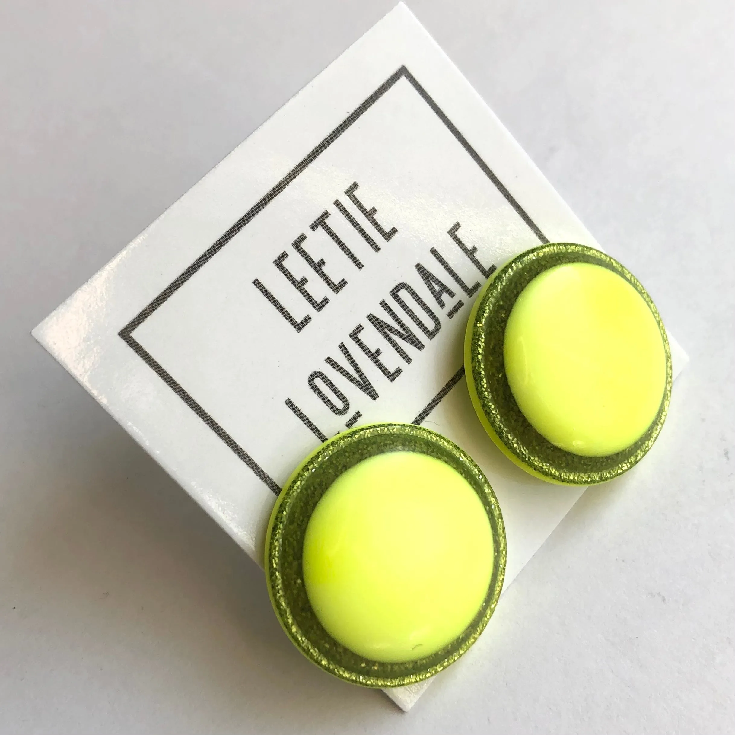 Neon Yellow Sparkle Disc Stud Earrings