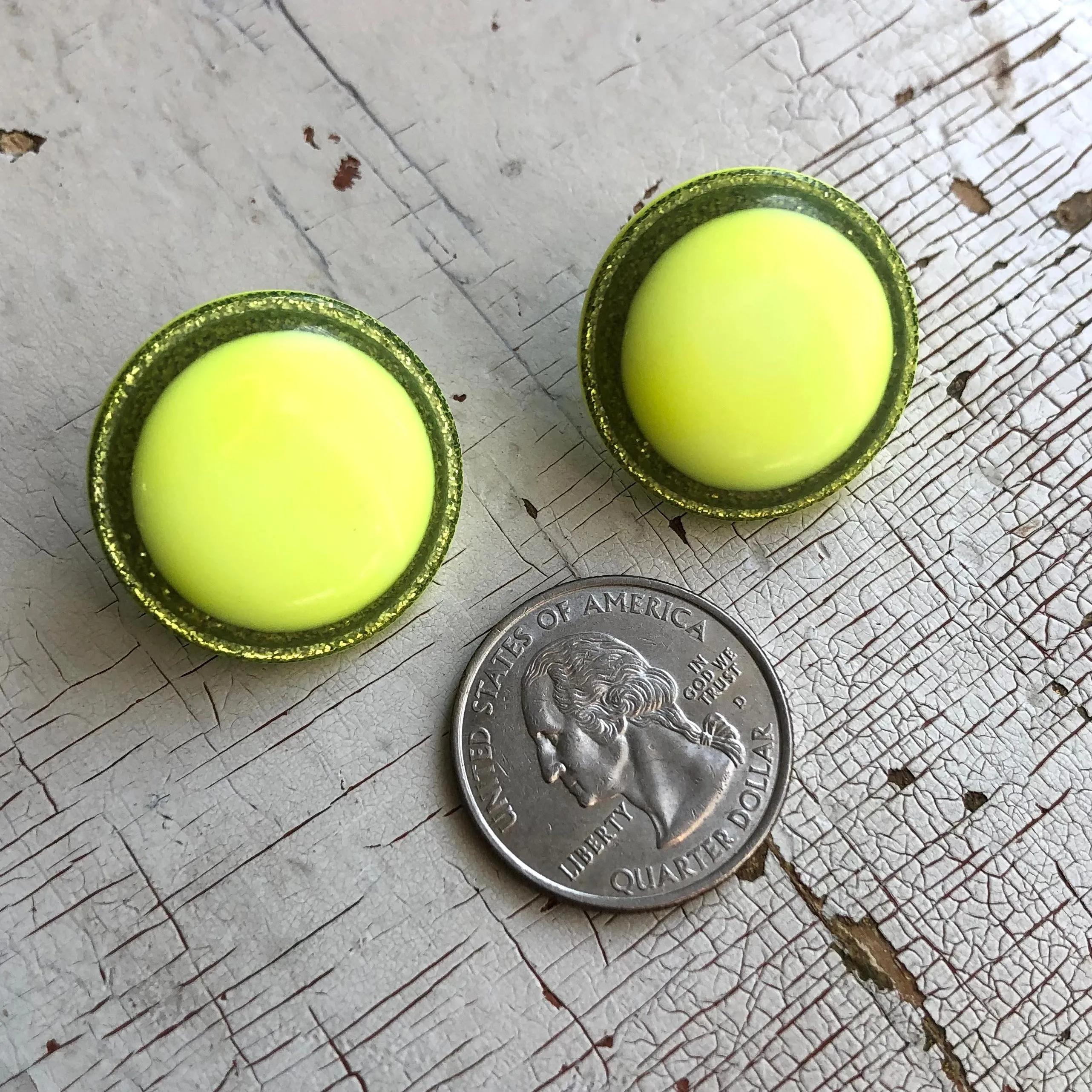 Neon Yellow Sparkle Disc Stud Earrings