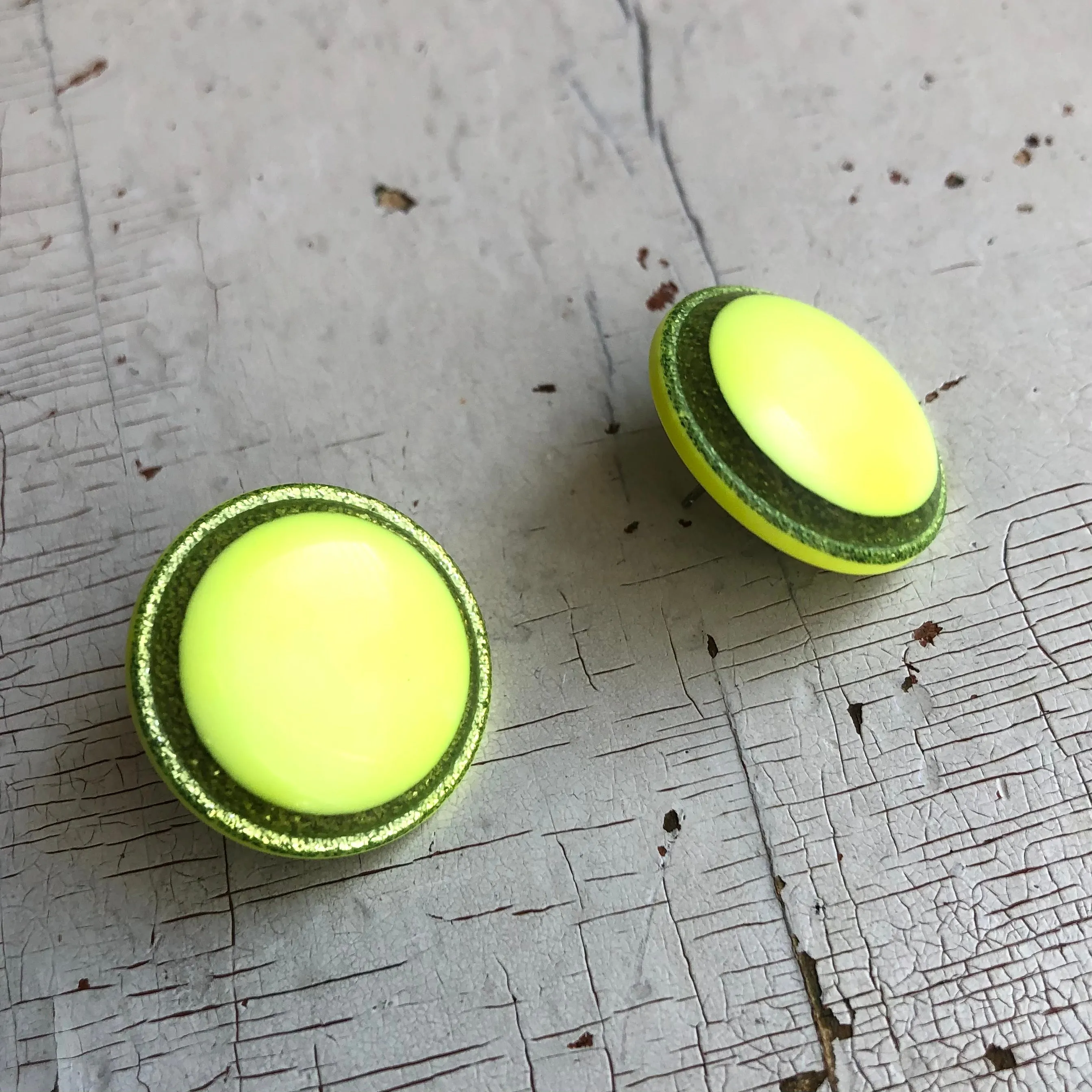 Neon Yellow Sparkle Disc Stud Earrings