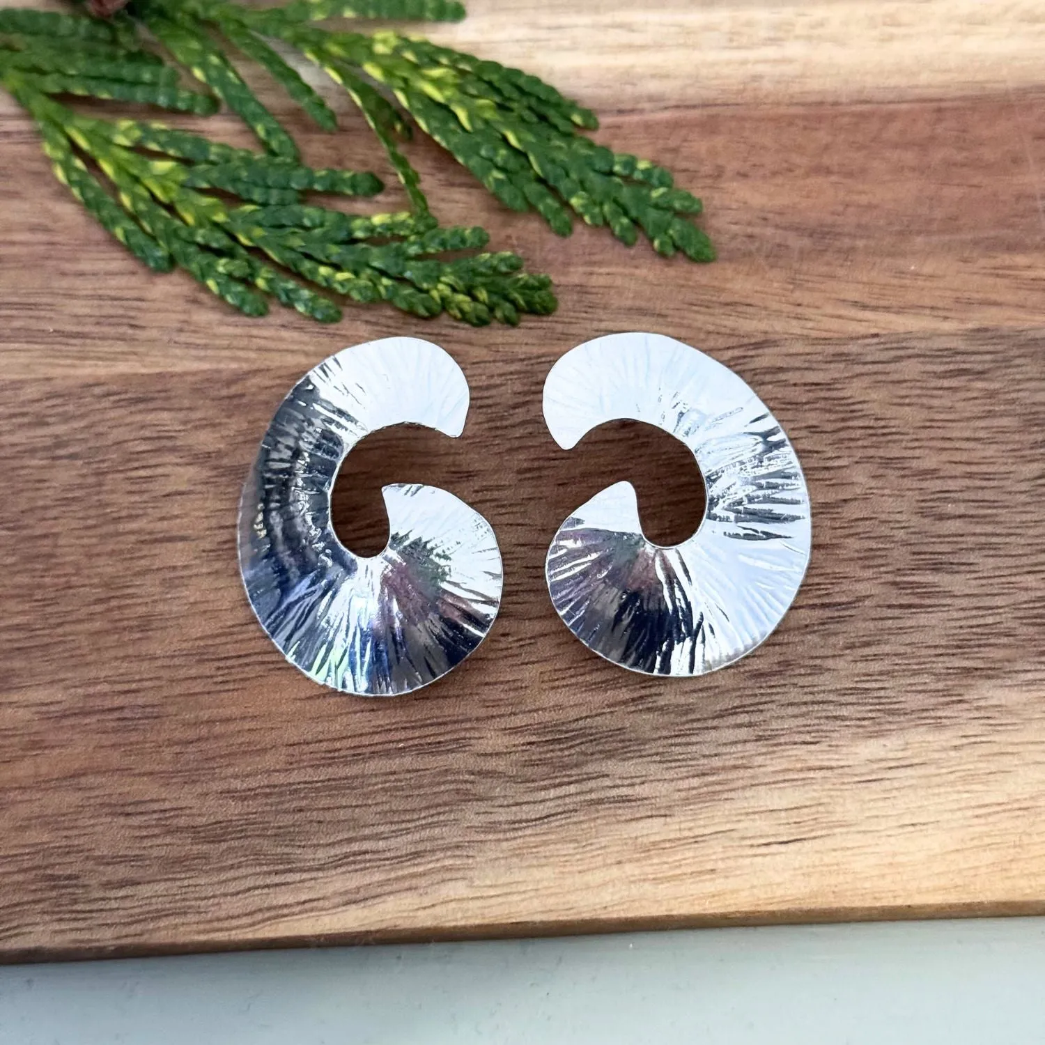 Nisha Hammered Sterling Silver Swirl Earrings, Medium Planished Earrings