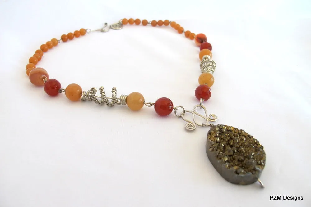 Orange Carnelian and Druzy Wire Wrapped Gemstone Necklace, Gift for Her