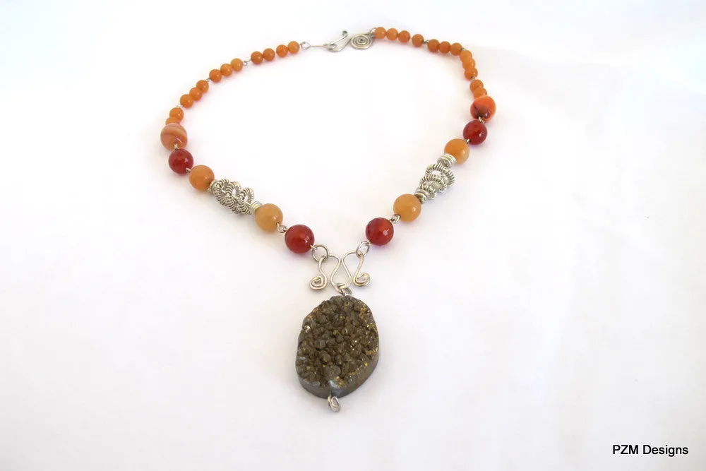 Orange Carnelian and Druzy Wire Wrapped Gemstone Necklace, Gift for Her