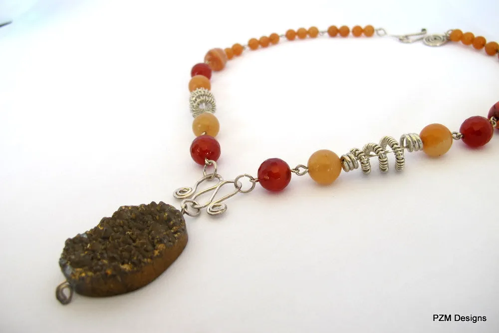 Orange Carnelian and Druzy Wire Wrapped Gemstone Necklace, Gift for Her