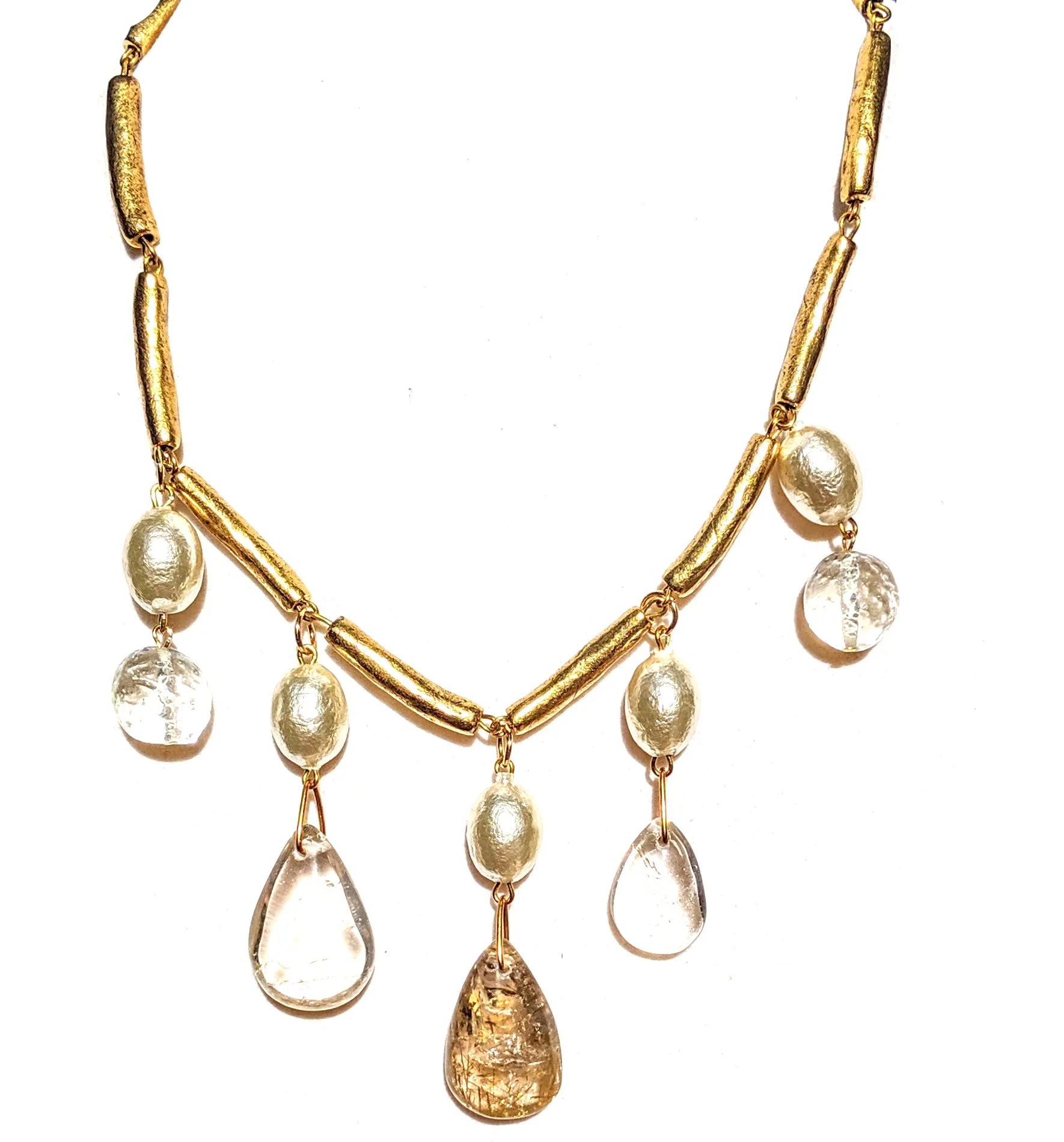 Organic Gold Plated Beads    Reticulated Golden Quarts Crystal Drops   Pearls Handlinked Necklace Woman Gay Isber 1 of 1 Free Ship