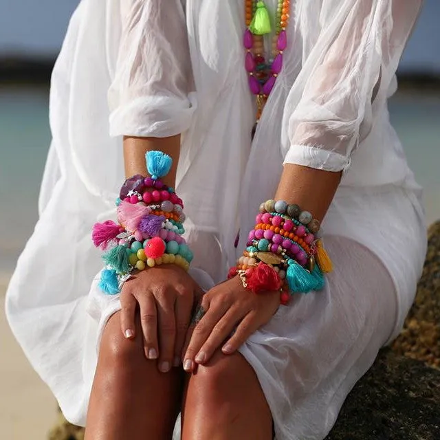 Peach/Aqua Rainbow Tassel Bracelet