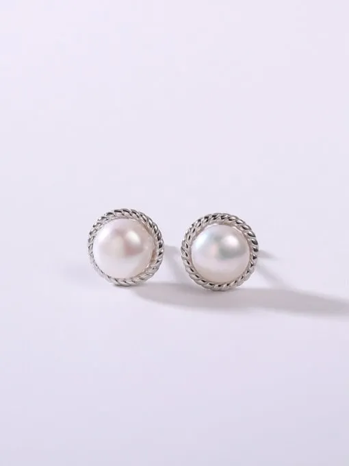 Pearl Stud Earrings, Freshwater Pearl Vintage Style .925 Sterling Silver Luxury Earrings