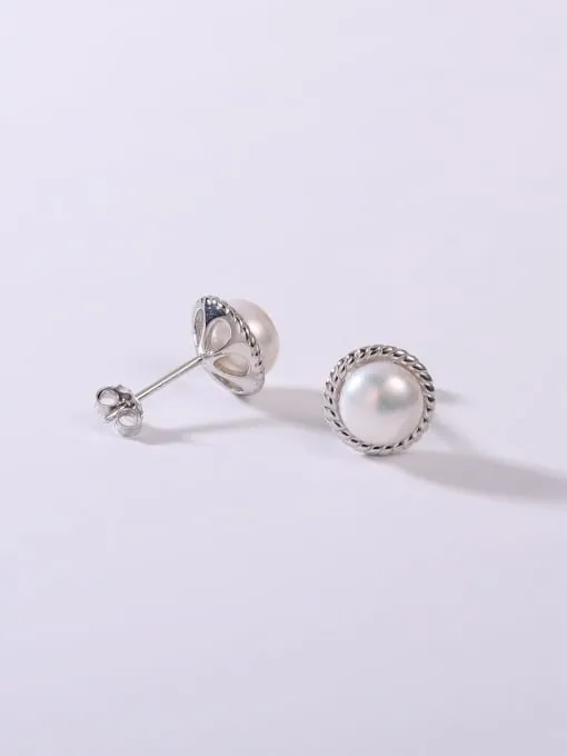 Pearl Stud Earrings, Freshwater Pearl Vintage Style .925 Sterling Silver Luxury Earrings